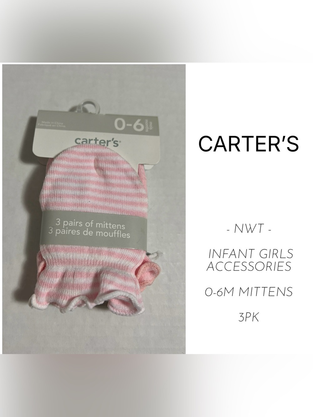 CARTER’S - 0/6M - NWT - 3PK - INFANT GIRLS MITTENS